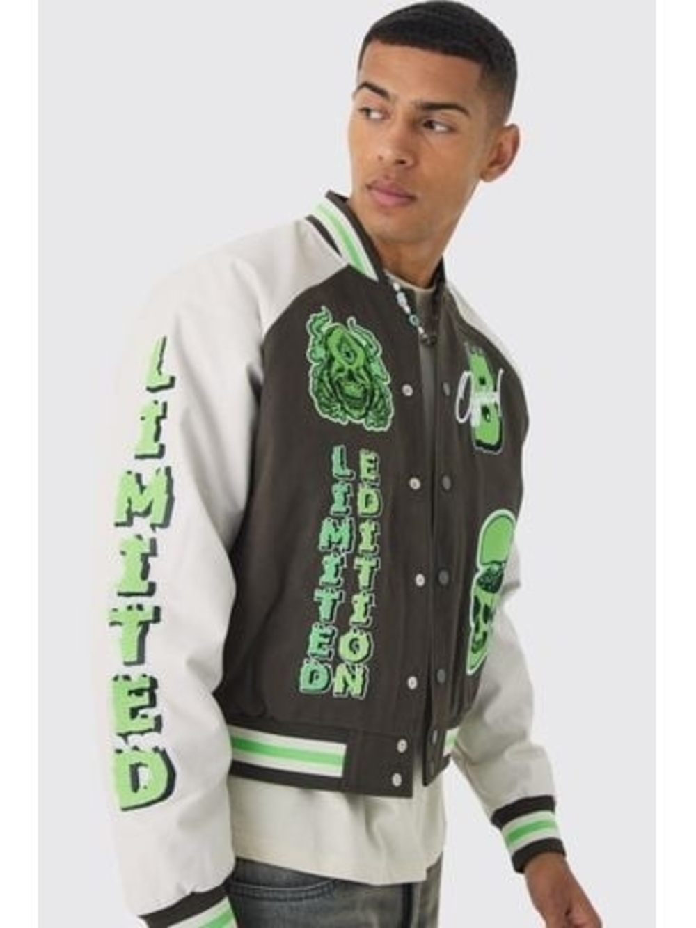 BoohooMAN Boxy Twill Limited Edition Badge PU Sleeve Varsity Jacket Green
